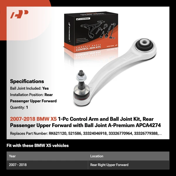 2007-2018 BMW X5 1-Pc Control Arm and Ball Joint Kit, Rear Passenger Upper Forward with Ball Joint A-Premium APCA4274