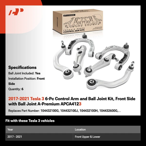 2017-2021 Tesla 3 6-Pc Control Arm and Ball Joint Kit, Front Side with Ball Joint A-Premium APCA4123