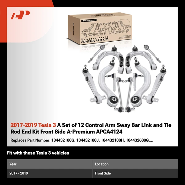 2017-2019 Tesla 3 A Set of 12 Control Arm Sway Bar Link and Tie Rod End Kit Front Side A-Premium APCA4124