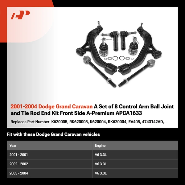 2001-2004 Dodge Grand Caravan A Set of 8 Control Arm Ball Joint and Tie Rod End Kit Front Side A-Premium APCA1633