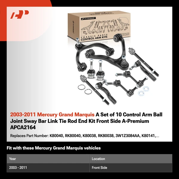 2003-2011 Mercury Grand Marquis A Set of 10 Control Arm Ball Joint Sway Bar Link Tie Rod End Kit Front Side A-Premium APCA2164