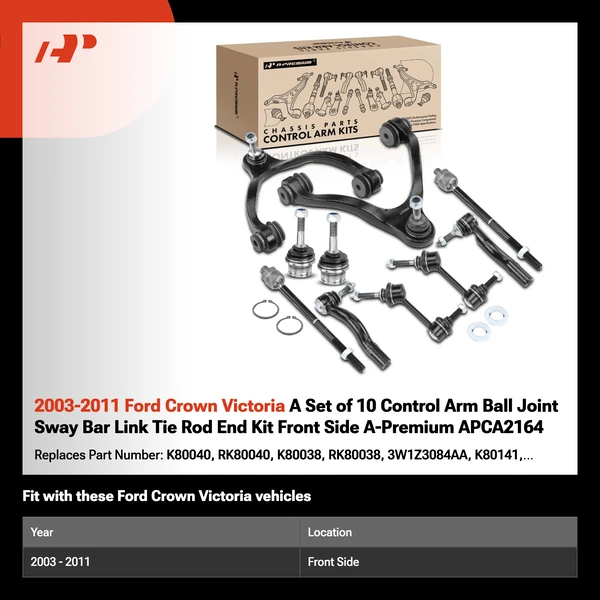 2003-2011 Ford Crown Victoria A Set of 10 Control Arm Ball Joint Sway Bar Link Tie Rod End Kit Front Side A-Premium APCA2164