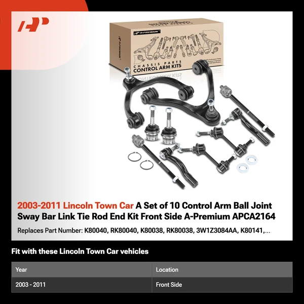 2003-2011 Lincoln Town Car A Set of 10 Control Arm Ball Joint Sway Bar Link Tie Rod End Kit Front Side A-Premium APCA2164
