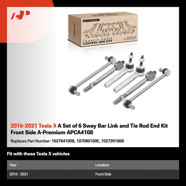 2016-2021 Tesla X A Set of 6 Sway Bar Link and Tie Rod End Kit Front Side A-Premium APCA4108