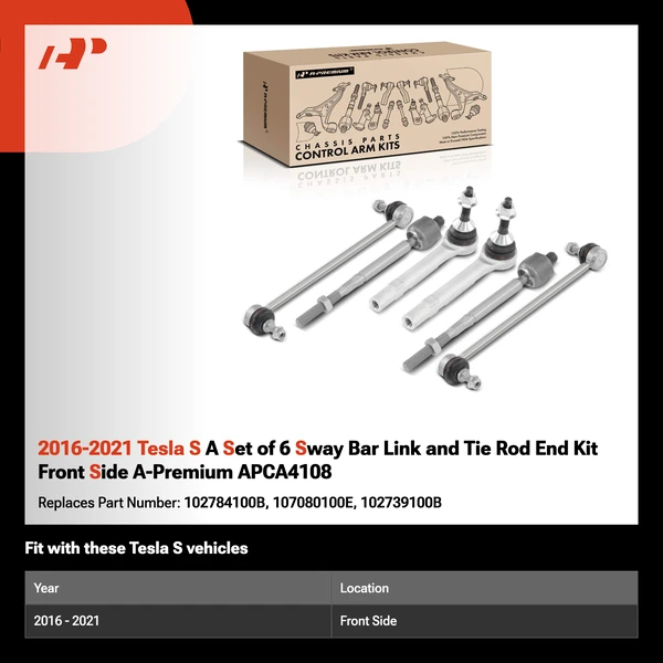 2016-2021 Tesla S A Set of 6 Sway Bar Link and Tie Rod End Kit Front Side A-Premium APCA4108