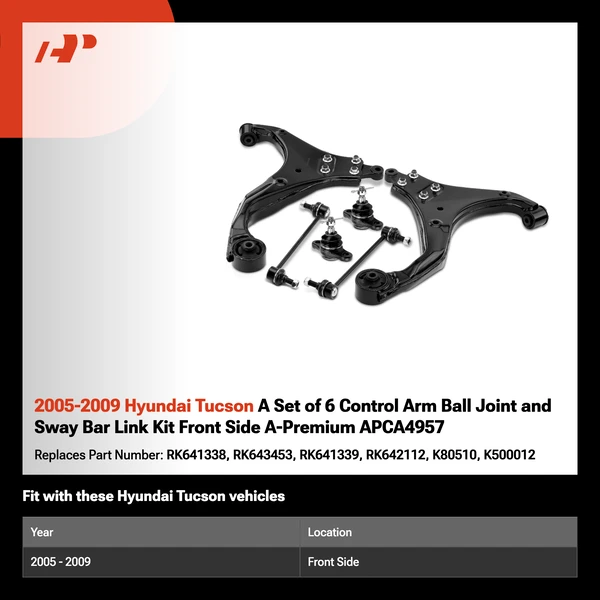 2005-2009 Hyundai Tucson A Set of 6 Control Arm Ball Joint and Sway Bar Link Kit Front Side A-Premium APCA4957