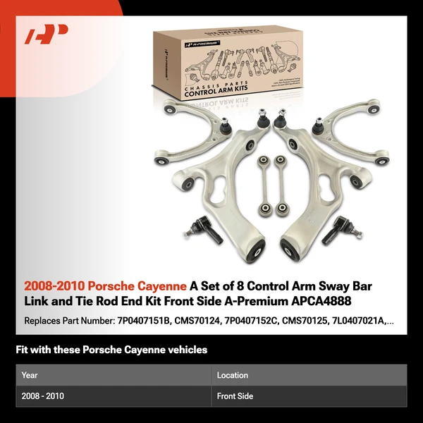 2008-2010 Porsche Cayenne A Set of 8 Control Arm Sway Bar Link and Tie Rod End Kit Front Side A-Premium APCA4888