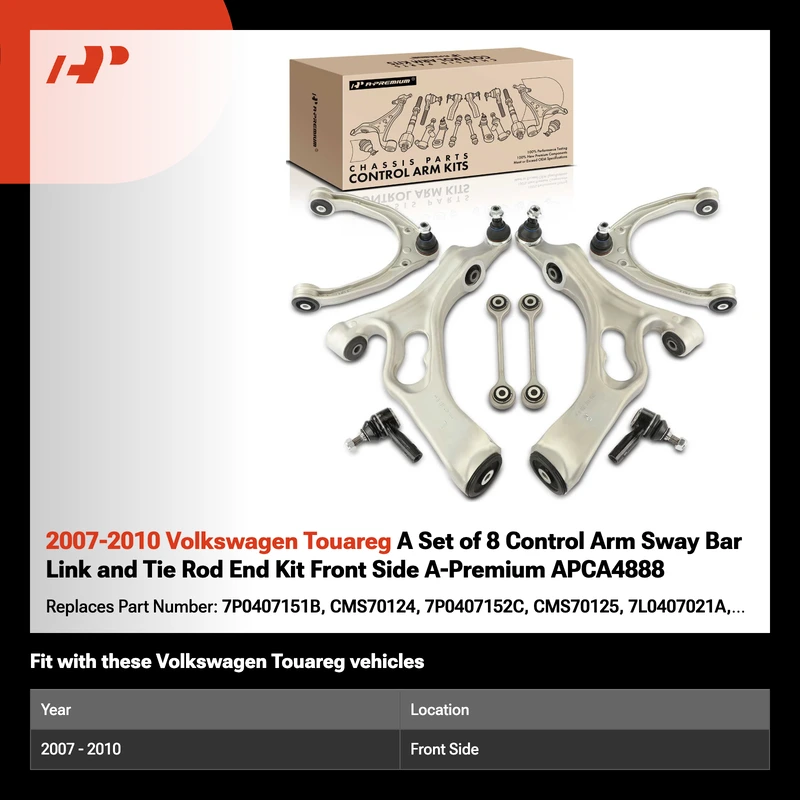 2007-2010 Volkswagen Touareg A Set of 8 Control Arm Sway Bar Link and Tie Rod End Kit Front Side A-Premium APCA4888