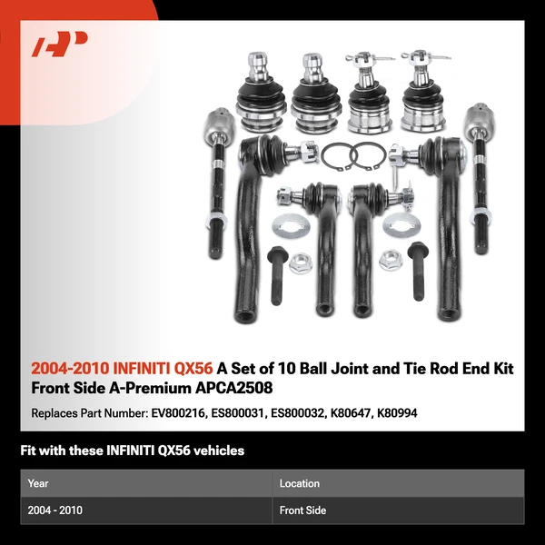 2004-2010 INFINITI QX56 A Set of 10 Ball Joint and Tie Rod End Kit Front Side A-Premium APCA2508