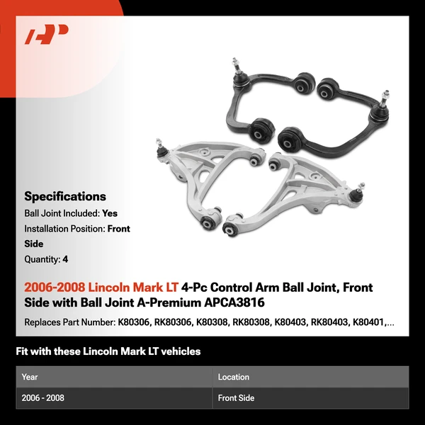 2006-2008 Lincoln Mark LT 4-Pc Control Arm Ball Joint, Front Side with Ball Joint A-Premium APCA3816