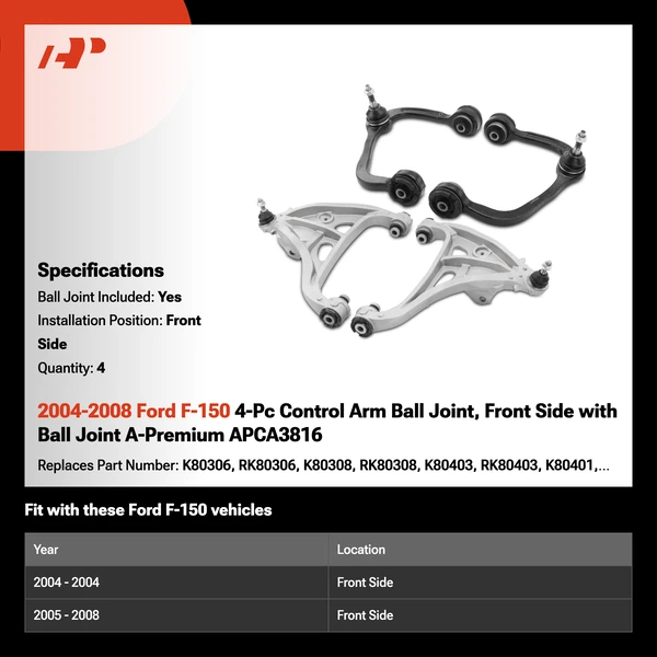 2004-2008 Ford F-150 4-Pc Control Arm Ball Joint, Front Side with Ball Joint A-Premium APCA3816