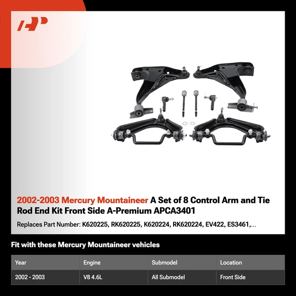 2002-2003 Mercury Mountaineer A Set of 8 Control Arm and Tie Rod End Kit Front Side A-Premium APCA3401