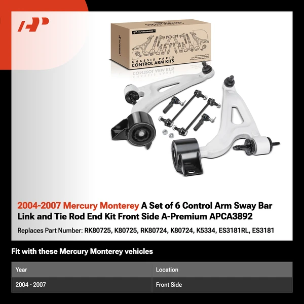 2004-2007 Mercury Monterey A Set of 6 Control Arm Sway Bar Link and Tie Rod End Kit Front Side A-Premium APCA3892