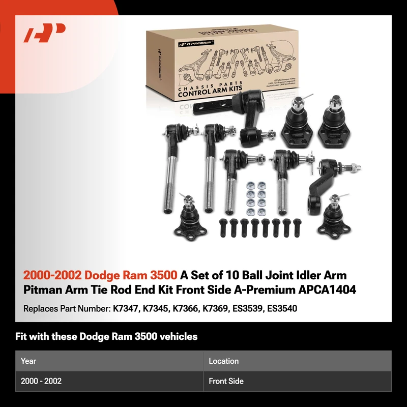 2000-2002 Dodge Ram 3500 A Set of 10 Ball Joint Idler Arm Pitman Arm Tie Rod End Kit Front Side A-Premium APCA1404