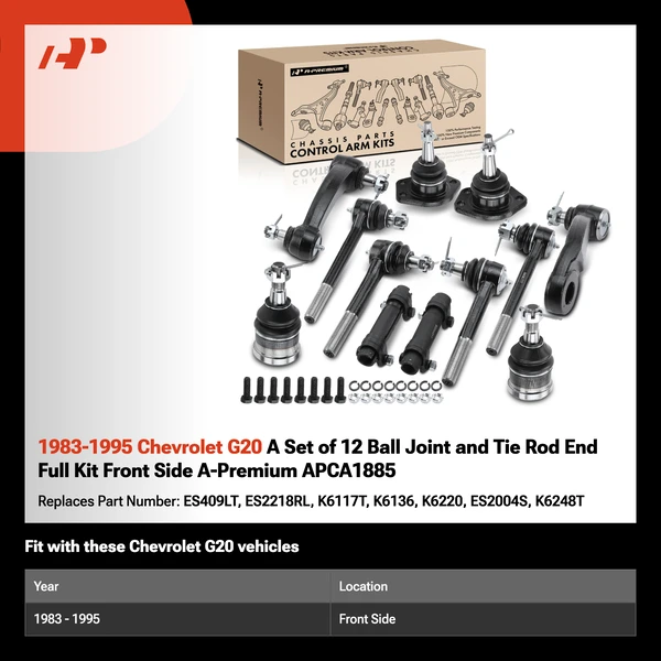 1983-1995 Chevrolet G20 A Set of 12 Ball Joint and Tie Rod End Full Kit Front Side A-Premium APCA1885