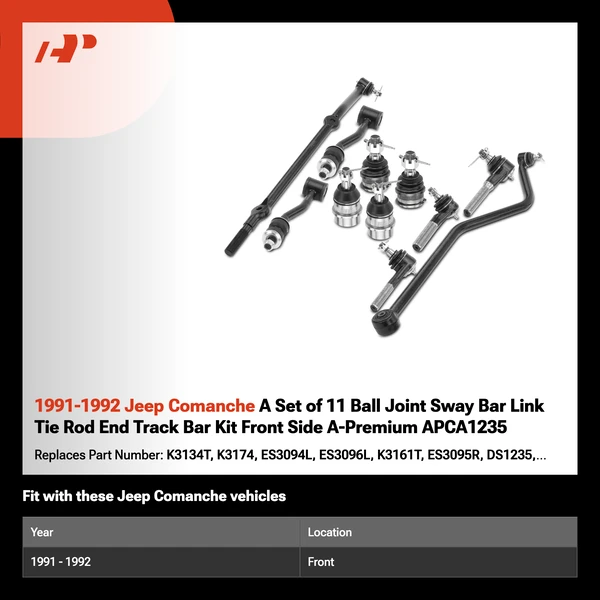 1991-1992 Jeep Comanche A Set of 11 Ball Joint Sway Bar Link Tie Rod End Track Bar Kit Front Side A-Premium APCA1235