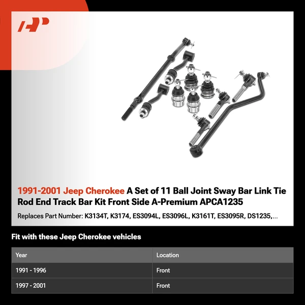 1991-2001 Jeep Cherokee A Set of 11 Ball Joint Sway Bar Link Tie Rod End Track Bar Kit Front Side A-Premium APCA1235