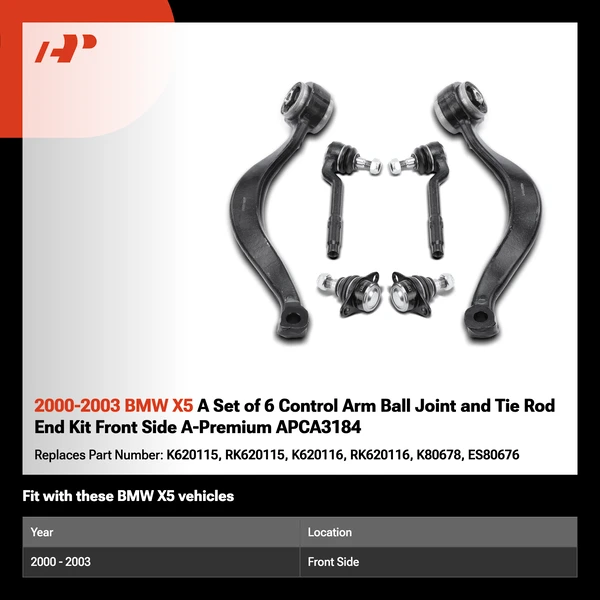 2000-2003 BMW X5 A Set of 6 Control Arm Ball Joint and Tie Rod End Kit Front Side A-Premium APCA3184