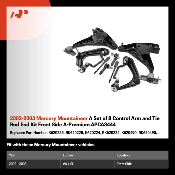 2002-2003 Mercury Mountaineer A Set of 8 Control Arm and Tie Rod End Kit Front Side A-Premium APCA3444