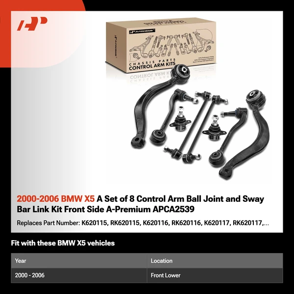 2000-2006 BMW X5 A Set of 8 Control Arm Ball Joint and Sway Bar Link Kit Front Side A-Premium APCA2539
