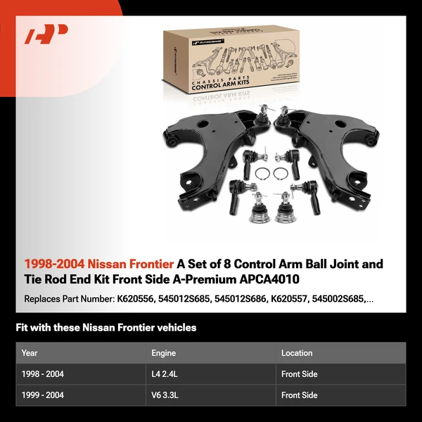 1998-2004 Nissan Frontier A Set of 8 Control Arm Ball Joint and Tie Rod End Kit Front Side A-Premium APCA4010