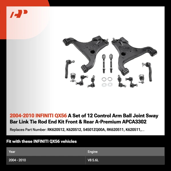 2004-2010 INFINITI QX56 A Set of 12 Control Arm Ball Joint Sway Bar Link Tie Rod End Kit Front & Rear A-Premium APCA3302