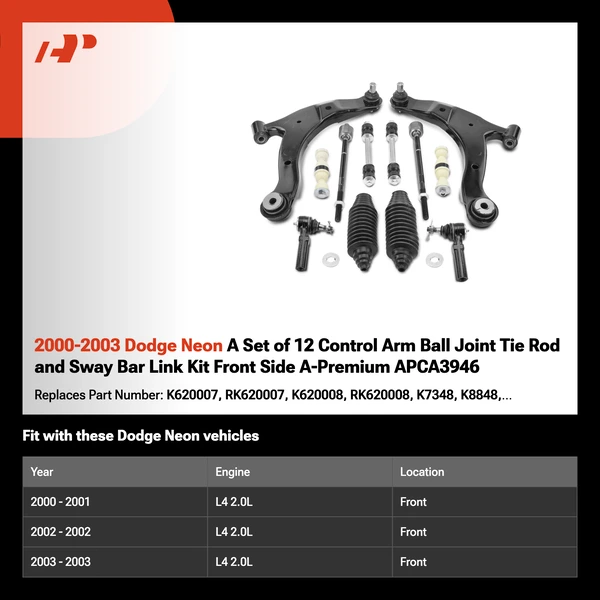 2000-2003 Dodge Neon A Set of 12 Control Arm Ball Joint Tie Rod and Sway Bar Link Kit Front Side A-Premium APCA3946
