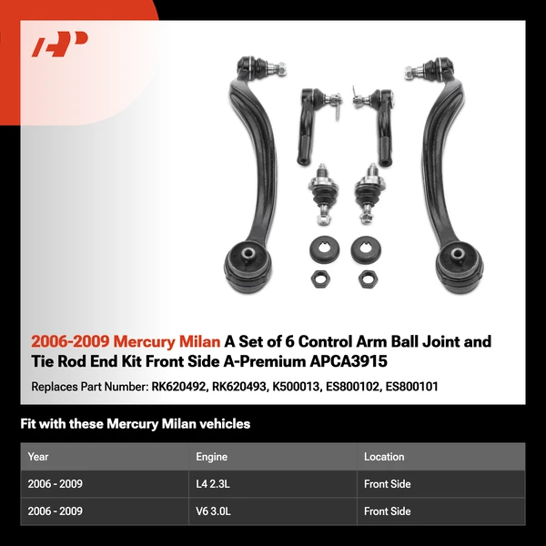 2006-2009 Mercury Milan A Set of 6 Control Arm Ball Joint and Tie Rod End Kit Front Side A-Premium APCA3915
