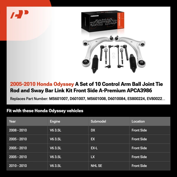 2005-2010 Honda Odyssey A Set of 10 Control Arm Ball Joint Tie Rod and Sway Bar Link Kit Front Side A-Premium APCA3986