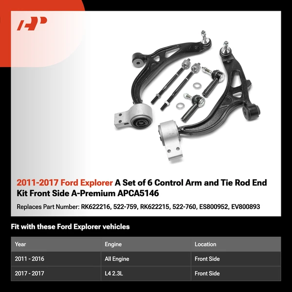 2011-2017 Ford Explorer A Set of 6 Control Arm and Tie Rod End Kit Front Side A-Premium APCA5146