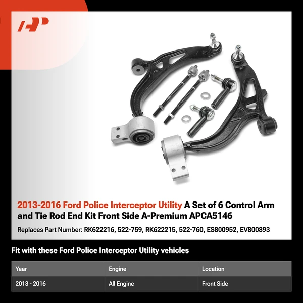 2013-2016 Ford Police Interceptor Utility A Set of 6 Control Arm and Tie Rod End Kit Front Side A-Premium APCA5146
