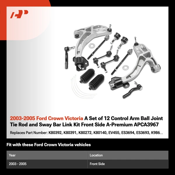 2003-2005 Ford Crown Victoria A Set of 12 Control Arm Ball Joint Tie Rod and Sway Bar Link Kit Front Side A-Premium APCA3967