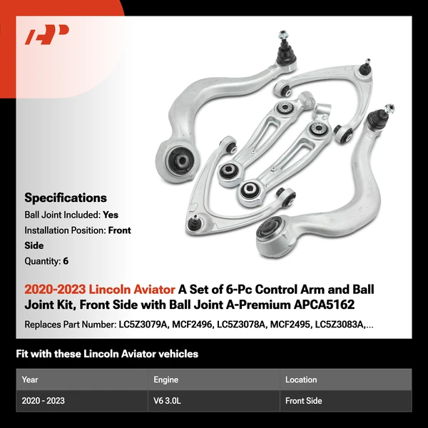 2020-2023 Lincoln Aviator 6-Pc Control Arm and Ball Joint Kit, Front Side with Ball Joint A-Premium APCA5162