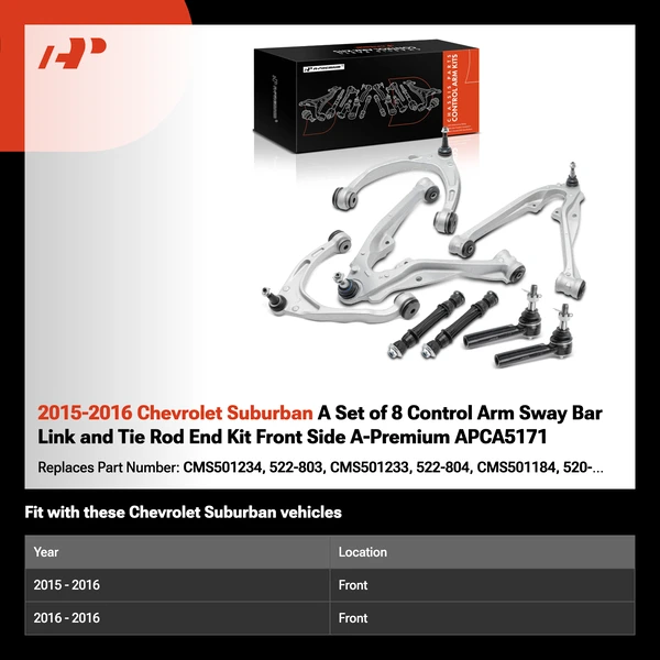 2015-2016 Chevrolet Suburban A Set of 8 Control Arm Sway Bar Link and Tie Rod End Kit Front Side A-Premium APCA5171