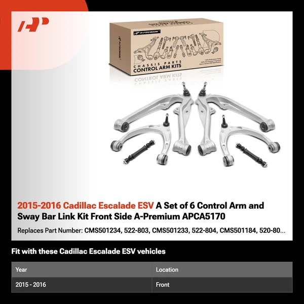 2015-2016 Cadillac Escalade ESV A Set of 6 Control Arm and Sway Bar Link Kit Front Side A-Premium APCA5170