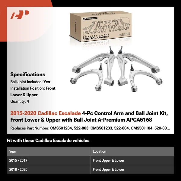 2015-2020 Cadillac Escalade 4-Pc Control Arm and Ball Joint Kit, Front Lower & Upper with Ball Joint A-Premium APCA5168