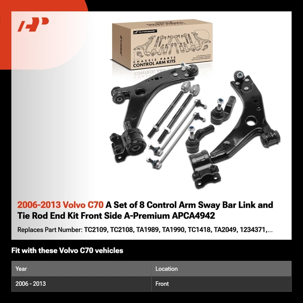 2006-2013 Volvo C70 A Set of 8 Control Arm Sway Bar Link and Tie Rod End Kit Front Side A-Premium APCA4942
