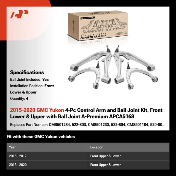 2015-2020 GMC Yukon 4-Pc Control Arm and Ball Joint Kit, Front Lower & Upper with Ball Joint A-Premium APCA5168