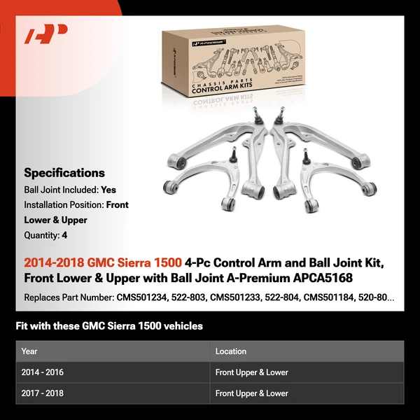 2014-2018 GMC Sierra 1500 4-Pc Control Arm and Ball Joint Kit, Front Lower & Upper with Ball Joint A-Premium APCA5168