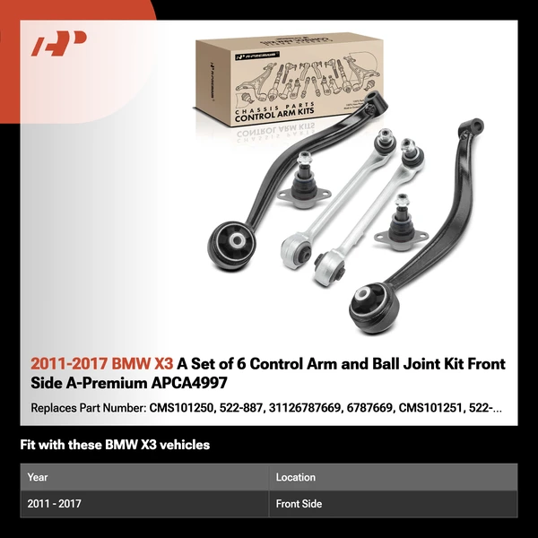 2011-2017 BMW X3 A Set of 6 Control Arm and Ball Joint Kit Front Side A-Premium APCA4997