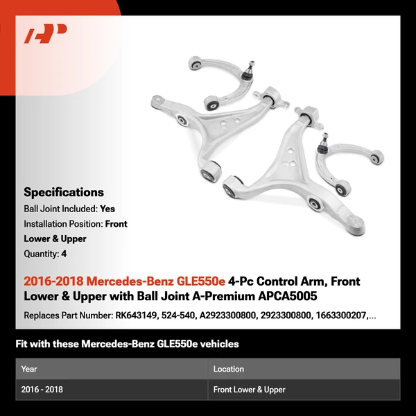 2016-2018 Mercedes-Benz GLE550e 4-Pc Control Arm, Front Lower & Upper with Ball Joint A-Premium APCA5005