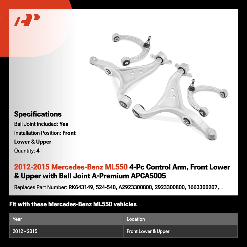 2012-2015 Mercedes-Benz ML550 4-Pc Control Arm, Front Lower & Upper with Ball Joint A-Premium APCA5005