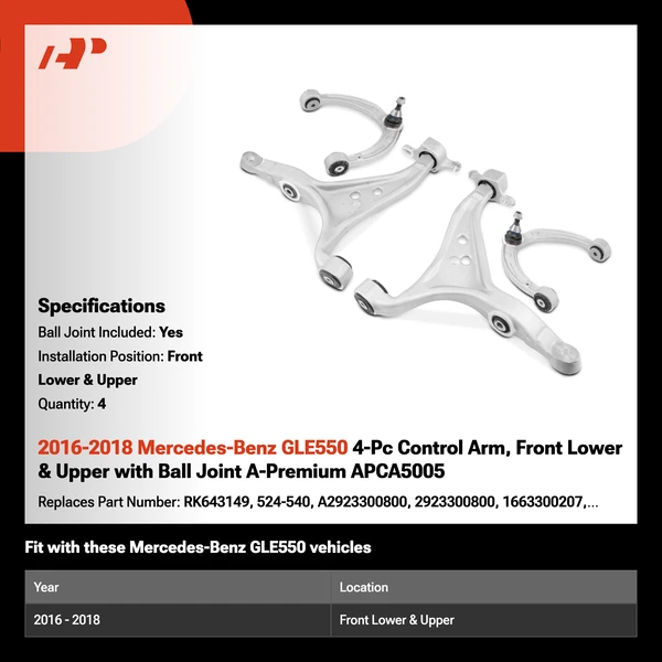 2016-2018 Mercedes-Benz GLE550 4-Pc Control Arm, Front Lower & Upper with Ball Joint A-Premium APCA5005