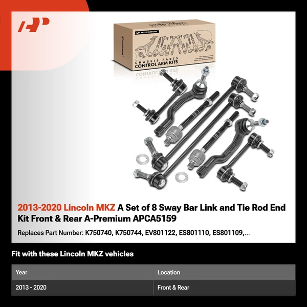 2013-2020 Lincoln MKZ A Set of 8 Sway Bar Link and Tie Rod End Kit Front & Rear A-Premium APCA5159