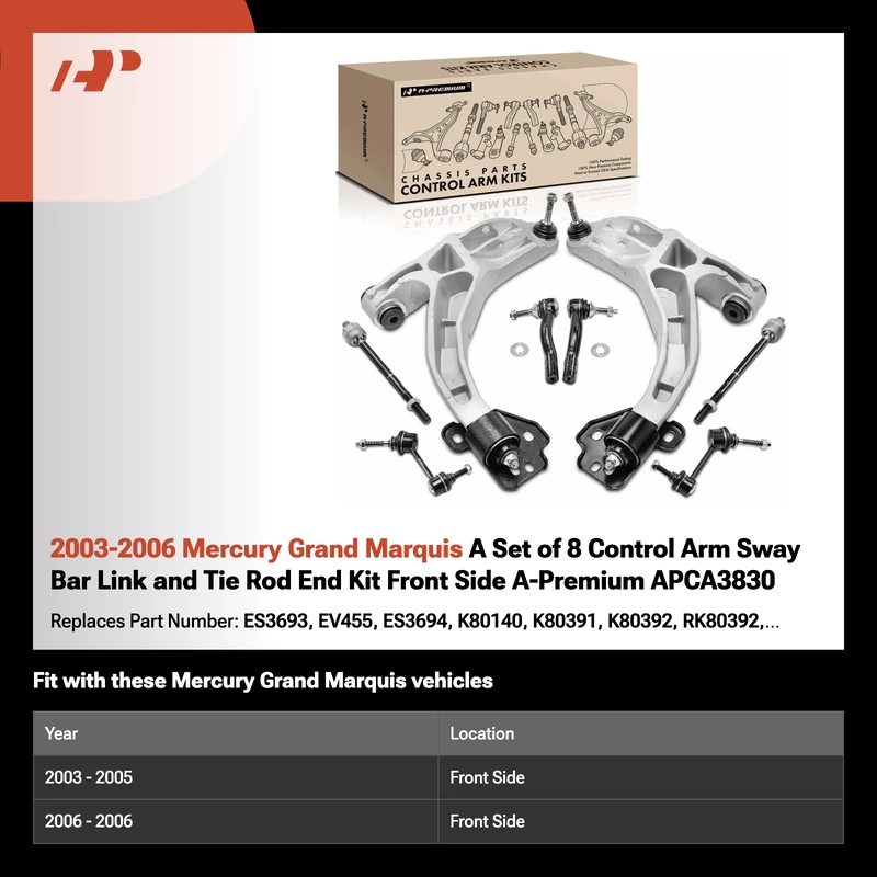 2003-2006 Mercury Grand Marquis A Set of 8 Control Arm Sway Bar Link and Tie Rod End Kit Front Side A-Premium APCA3830