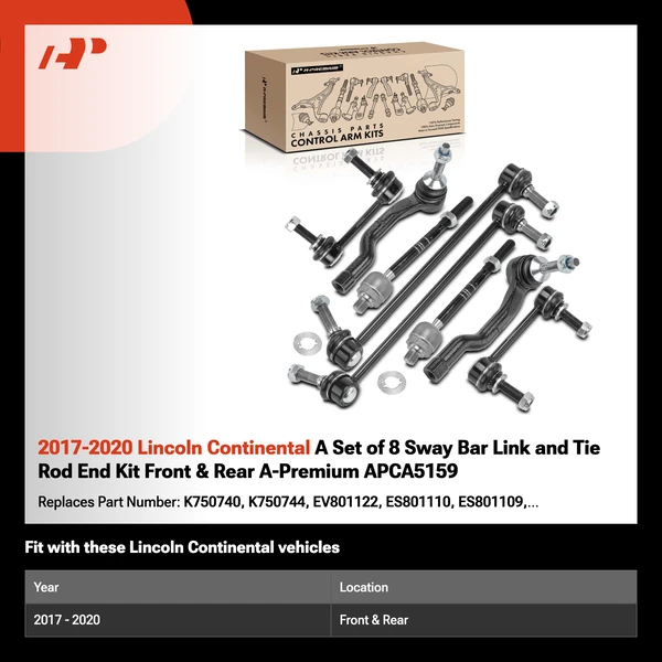 2017-2020 Lincoln Continental A Set of 8 Sway Bar Link and Tie Rod End Kit Front & Rear A-Premium APCA5159