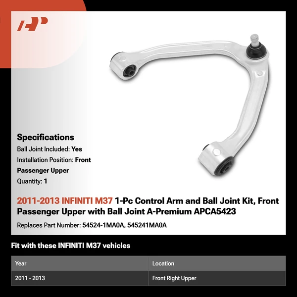 2011-2013 INFINITI M37 1-Pc Control Arm and Ball Joint Kit, Front Passenger Upper with Ball Joint A-Premium APCA5423