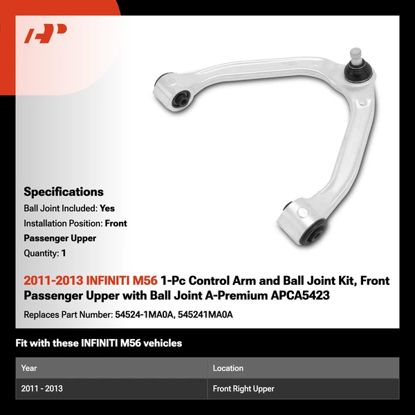 2011-2013 INFINITI M56 1-Pc Control Arm and Ball Joint Kit, Front Passenger Upper with Ball Joint A-Premium APCA5423
