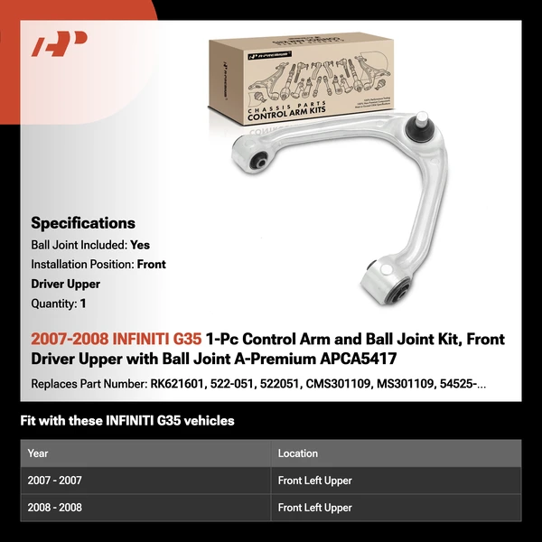 2007-2008 INFINITI G35 1-Pc Control Arm and Ball Joint Kit, Front Driver Upper with Ball Joint A-Premium APCA5417