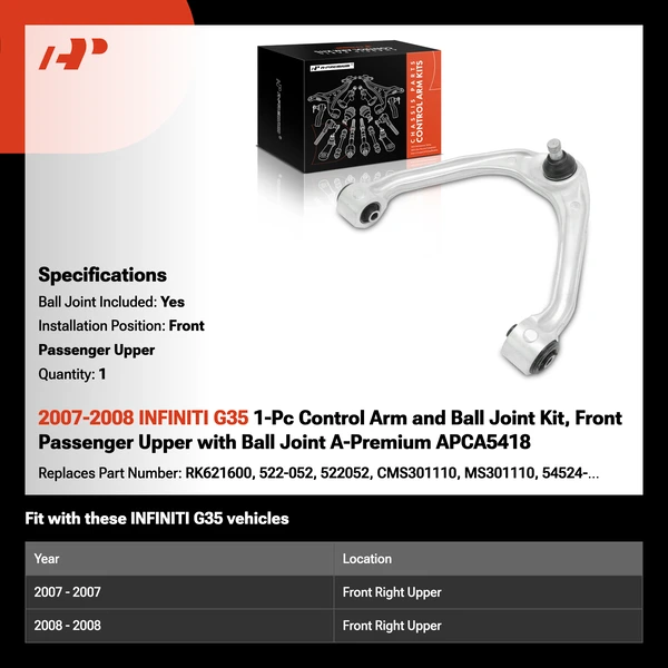 2007-2008 INFINITI G35 1-Pc Control Arm and Ball Joint Kit, Front Passenger Upper with Ball Joint A-Premium APCA5418